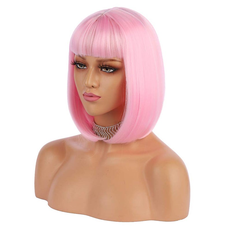 eNilecor Short Bob Hair Wigs 12" Straight with Flat Bangs Synthetic Colorful Cosplay Daily Party Wig for Women Natural As Real Hair+ Free Wig Cap (Light Pink) - Image 1